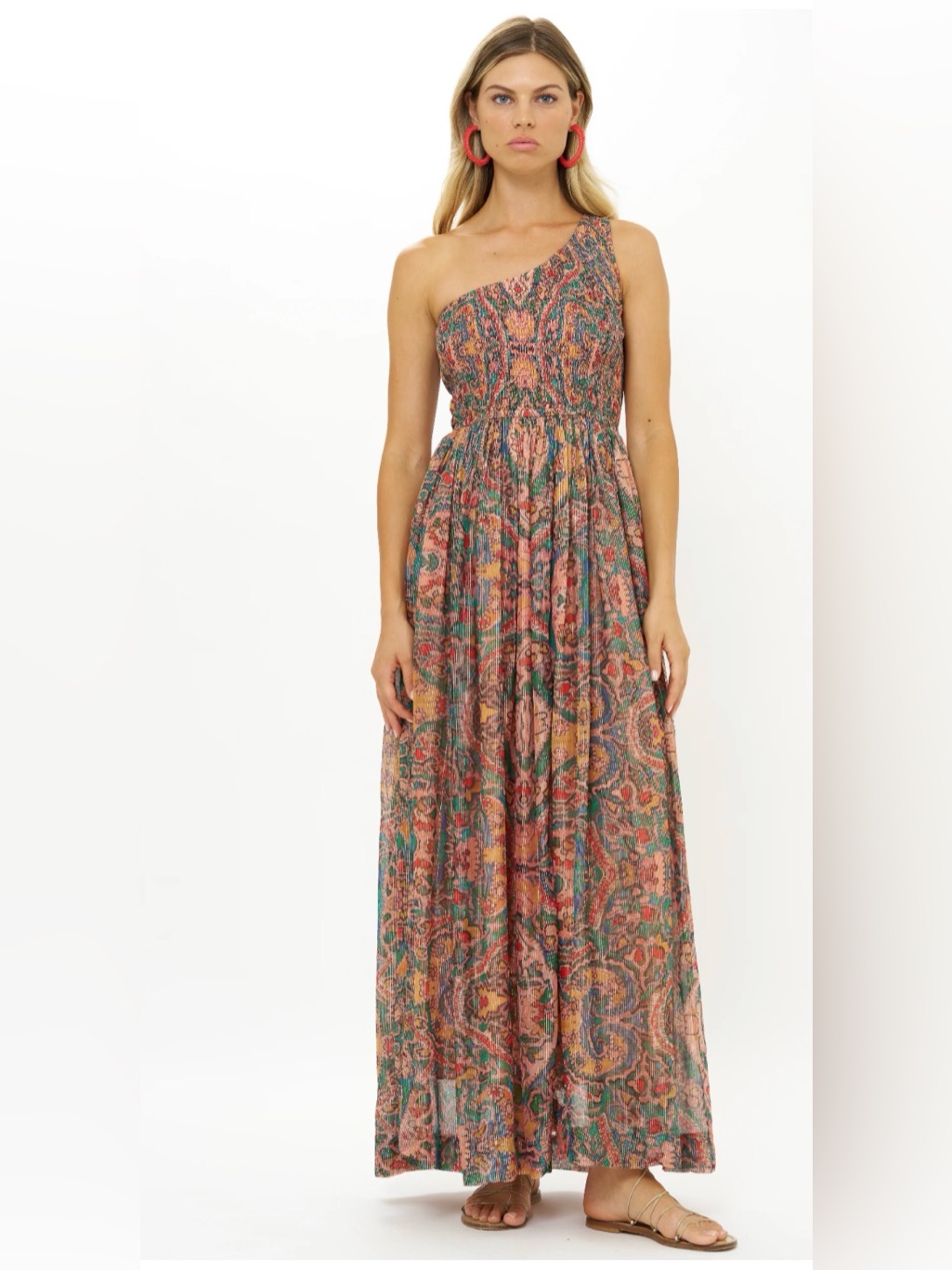 Oliphant One-Shoulder Maxi Dress In Paisly Coral, Teal, Persia Aqua